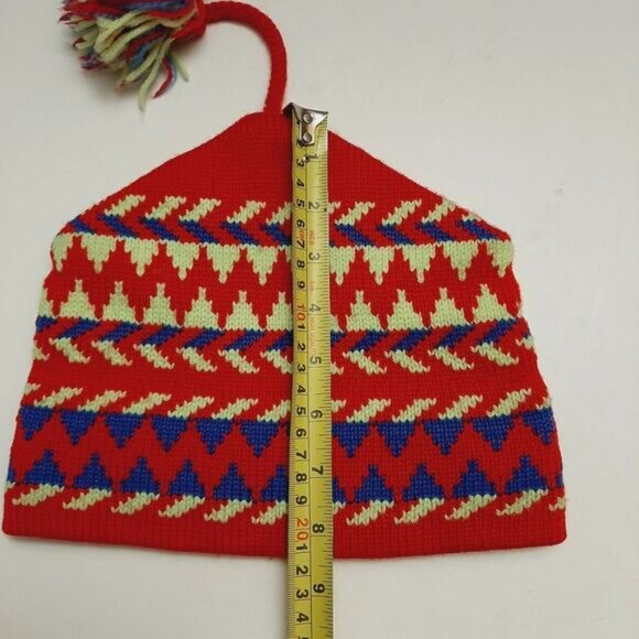 Retro 80's CAPPELLO 100% Wool Intarsia Geo Pattern Knit Beanie Hat w/ Pom-Pom OS - Picture 3 of 14